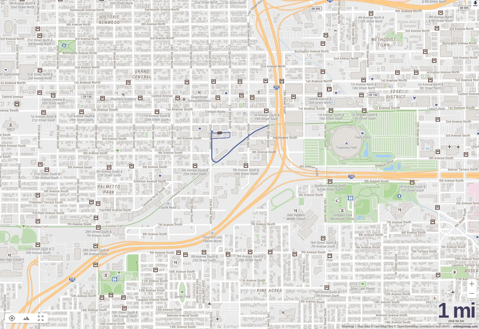 Proposed 1 mile out-and-back route map from 3 Daughters Brewing along the Pinellas Trail toward 19th Street South, and back