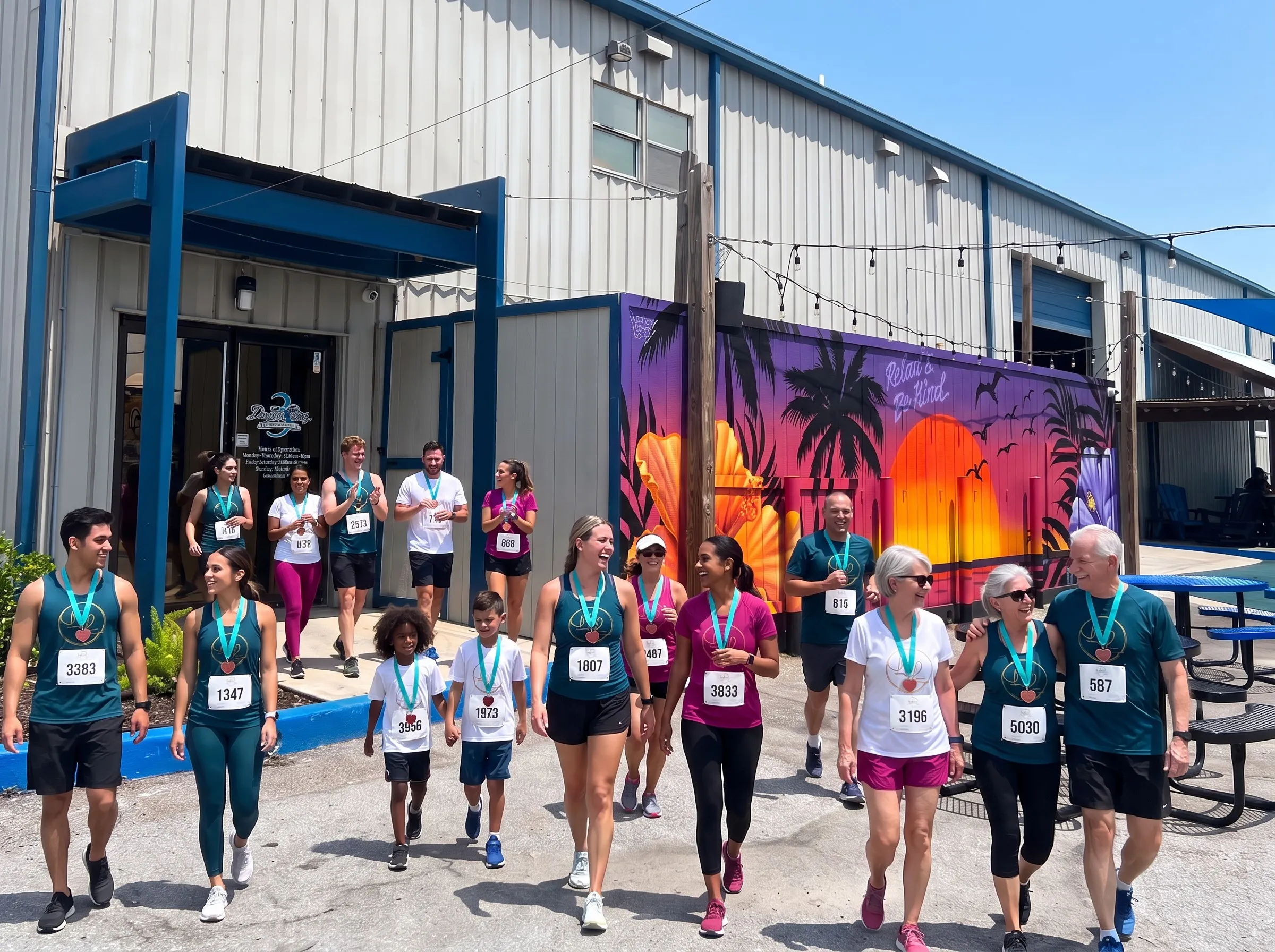 Illustration of runners and walkers of all ages, in teal and magenta with finisher medals, arriving in the courtyard of 3 Daughters Brewing beside its sunset mural